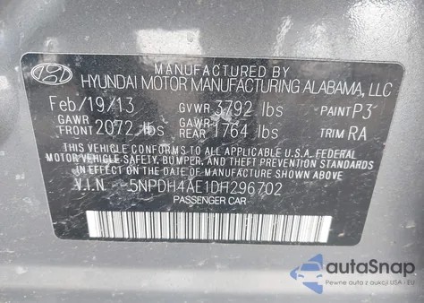 2013 Hyundai Elantra Gls from USA, damaged, VIN 5NPDH4AE1DH296702